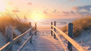 Wooden walkway leading to the beach at sunset photo