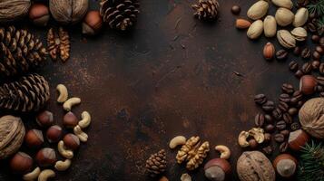 Nuts, pine cones and other nuts on a dark background photo