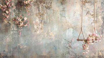 A painting of flowers hanging from a swing photo