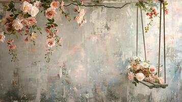 A swing with flowers hanging from it photo
