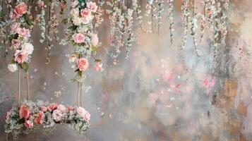 A painting of flowers hanging from a swing photo
