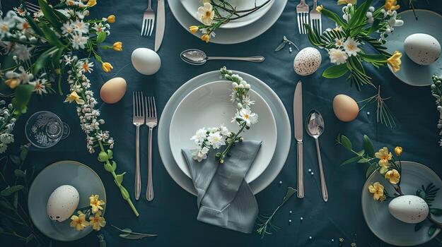 Easter table setting with flowers and eggs photo