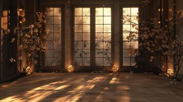 A room with a large window and flowers photo