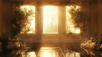 A room with flowers and sunlight coming through the windows photo