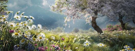 A beautiful field with flowers and trees photo