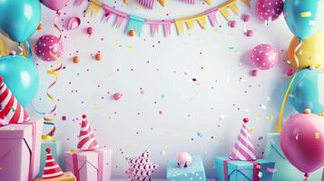 Birthday party background with balloons, gifts and confetti photo