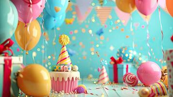Birthday party background with cupcake, balloons and confetti photo