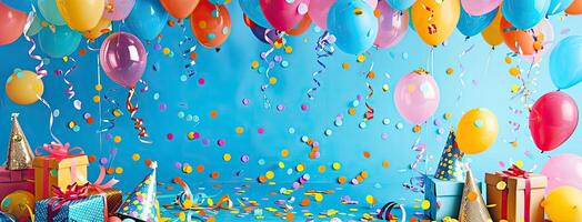 Birthday backdrop with balloons and confetti photo