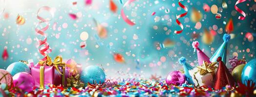 Birthday party background with confetti and gifts photo