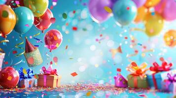 Birthday party background with colorful balloons and gifts photo