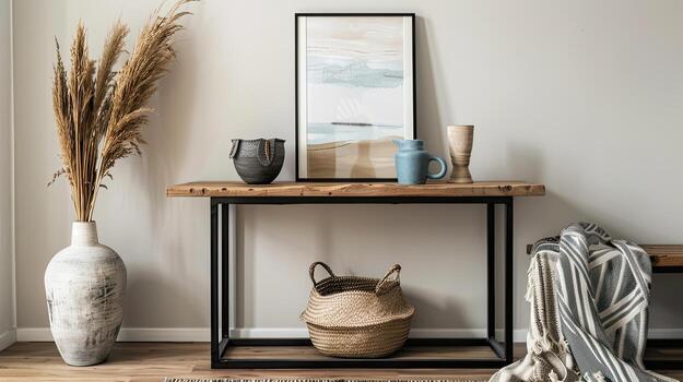 A wooden console table with a vase and a picture photo