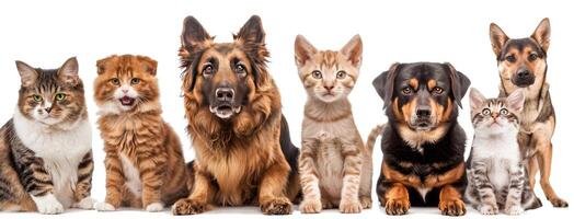 Many different types of dogs and cats are standing together photo