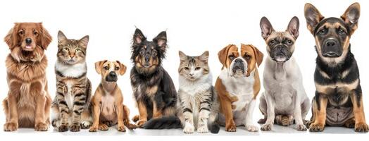 Many different types of dogs and cats are standing together photo