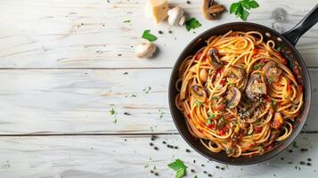 Spaghetti with mushrooms and tomatoes in a pan on a wooden table photo