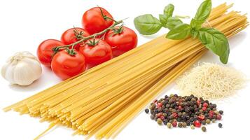 Spaghetti with tomatoes, garlic, basil and spices photo