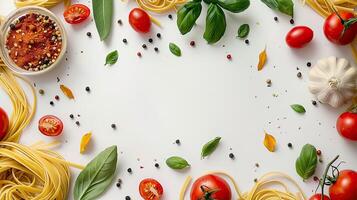 Spaghetti with tomatoes, basil and other ingredients on white background photo