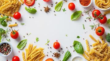 Pasta, tomatoes, herbs and spices on white background photo