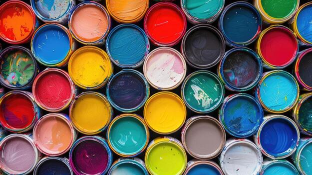 A large number of paint cans with different colors photo