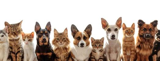 Many different types of dogs and cats are standing together photo