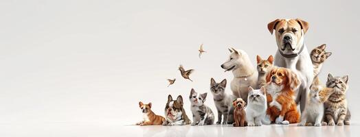 Many different types of dogs and cats are standing together photo