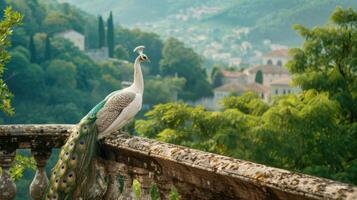 A peacock is perched on a railing overlooking a valley photo
