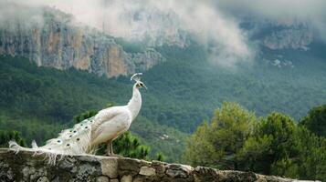 A white peacock standing on a rock in front of a mountain photo