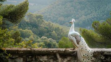 A peacock standing on a ledge overlooking a forest photo