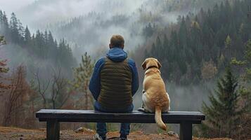 A man and his dog sitting on a bench overlooking a forest photo