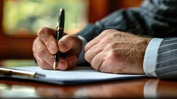A man in a suit writing on a piece of paper photo