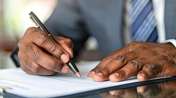 A man in a suit is writing on a piece of paper photo
