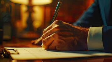 A man in a suit is writing on a piece of paper photo