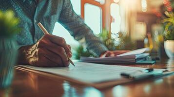 Man writing on paper with pen photo
