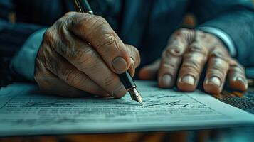 A man in a suit writing on a piece of paper photo
