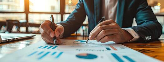 Businessman writing on paper with pen and pen photo