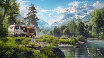 A camper van parked near a river in the mountains photo