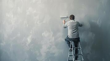 A man is painting a wall with a paint roller photo