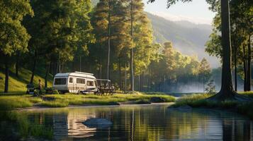 A camper van parked near a river in the woods photo