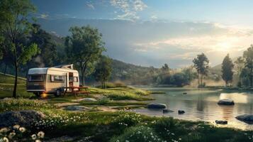 An rv parked near a river and mountains photo