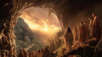 Jesus walking through a cave with people standing in front of him photo
