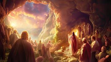 Jesus is standing in front of a cave with people photo