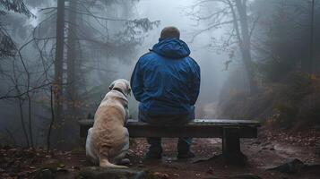 A man and his dog sitting on a bench in the woods photo