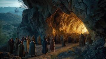 The people are standing in front of a cave photo