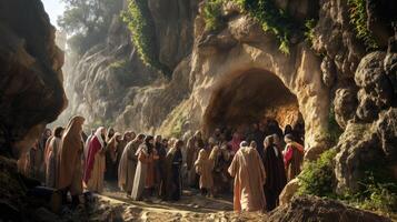 Jesus is walking through a cave with people photo