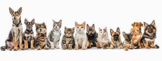 Many different types of dogs and cats are standing together photo