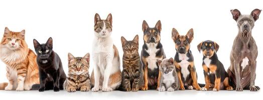 Many different types of cats and dogs are standing together photo