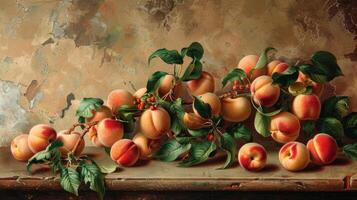 A painting of peaches on a table photo