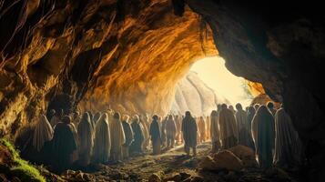 Jesus walking through a cave with people in the background photo