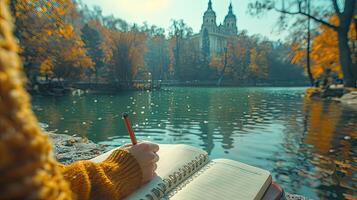 A person writing in a notebook photo