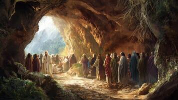 Jesus and his disciples are standing in front of a cave photo