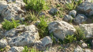 A field of rocks and plants in the middle of the desert photo